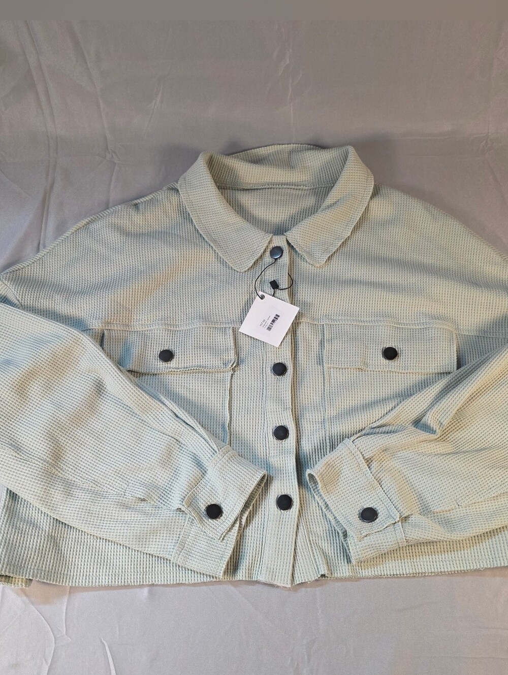 New Light Sage Cropped Waffle Jacket - 44 East